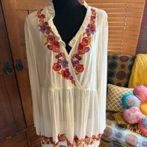 Sahalie Embroidered Wrap Tunic Blouse Size Large
